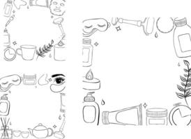 skincare routine tools frames set. line square templates with hand drawn illustrations of aroma diffuser, serum, sleeping mask, candle, eye patch, mug, cream and other cosmetics. vector