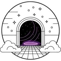 A cartoon door with clouds and stars in the background vector