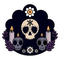 Day of the dead skull with candles and flowers vector