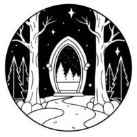 A black and white drawing of a forest with a door in the middle vector