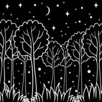 A black and white drawing of trees and stars vector