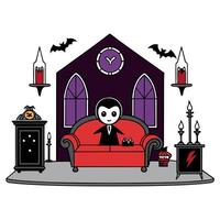 Halloween house with a vampire sitting on a red couch vector