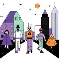 A group of people walking in front of a city vector
