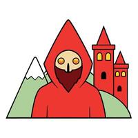 A red hooded man with a castle in the background vector