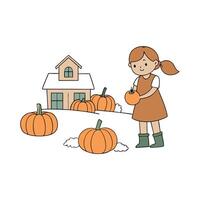 A girl is picking pumpkins in front of a house vector