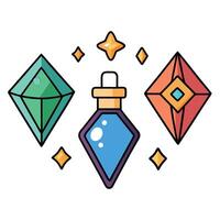 A set of three different colored crystals and a bottle vector
