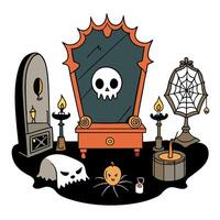 Halloween decor with a skull, a mirror, and a candle vector