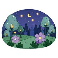 Night forest with flowers and moon illustration vector