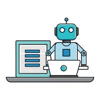 A robot is sitting at a laptop and working on it vector