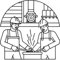 Two men working in a factory with a machine vector