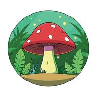 A cartoon mushroom in the forest with leaves and grass vector