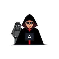 A man in a hoodie and mask is holding a laptop vector