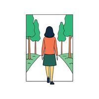 A woman walking down a path with trees in the background vector
