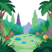 Cartoon jungle scene with trees, rocks and water vector