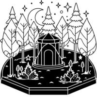 A black and white drawing of a forest with a house in the middle vector