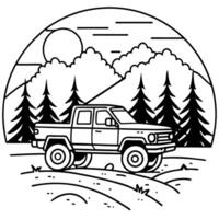 A black and white drawing of a truck driving through the forest vector