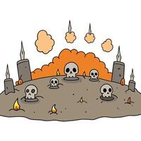 A cartoon drawing of skulls in a graveyard vector