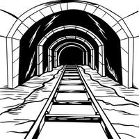 A black and white drawing of a tunnel with a train track vector
