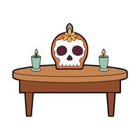 Day of the dead table with candles and skull vector