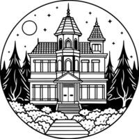 A black and white drawing of a house in the woods vector