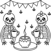 Two skeletons sitting at a table with coffee and a cup vector