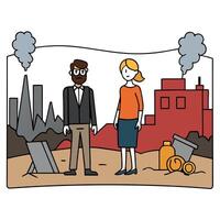 A cartoon of a man and woman standing in front of a factory vector