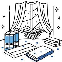 A drawing of a book shelf with a window and books vector
