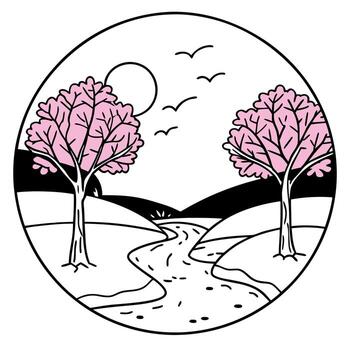 A cartoon of two trees with a river in the background vector