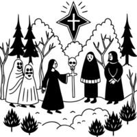 A black and white drawing of people in the woods vector