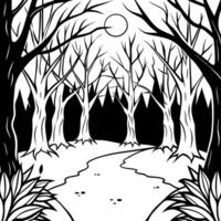 A black and white drawing of a path in the woods vector