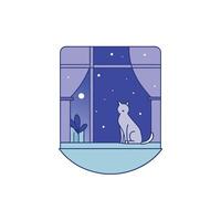 A cat sitting on the window sill at night vector