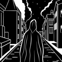 A black and white drawing of a man in a hooded cloak vector