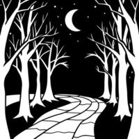 A black and white illustration of a path in the woods vector