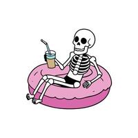 Skeleton sitting on a donut with a drink vector