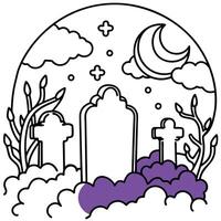 A black and white drawing of a cemetery with a moon and stars vector