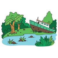 A cartoon boat is sitting on the river in the forest vector