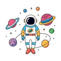 An astronaut with planets around him vector