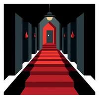 A red carpeted hallway with a door and red lights vector