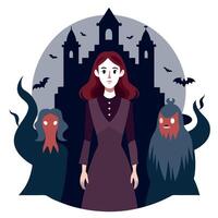 A woman standing in front of a castle with two monsters vector