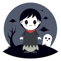 A cartoon character with a scary face standing in front of a graveyard vector