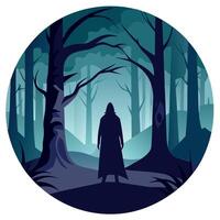 A silhouette of a man in a dark forest vector