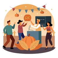 People are standing around a pumpkin and a sign vector