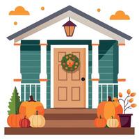 A house with pumpkins and wreaths on the front porch vector