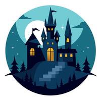 A castle in the night with moon and stars vector