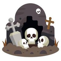 A cartoon illustration of skulls and crosses in a graveyard vector
