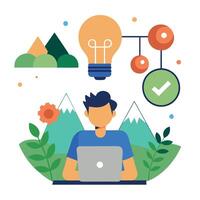 A man working on his laptop with a light bulb above him vector