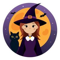 A cartoon witch with a black cat and a full moon vector