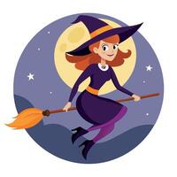 A cartoon witch flying on a broom with the moon in the background vector