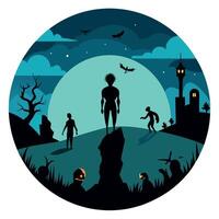 Halloween night scene with zombies and people in the background vector