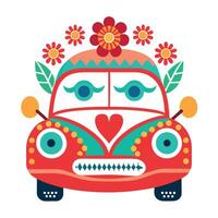 A colorful car with flowers and hearts on it vector